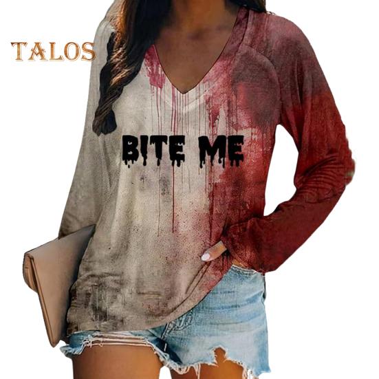 Женская футболка с V-образным вырезом и длинным рукавом с принтом «кровавые буквы», свободный крой, пуловер на Хэллоуин, топы, уличная одежда