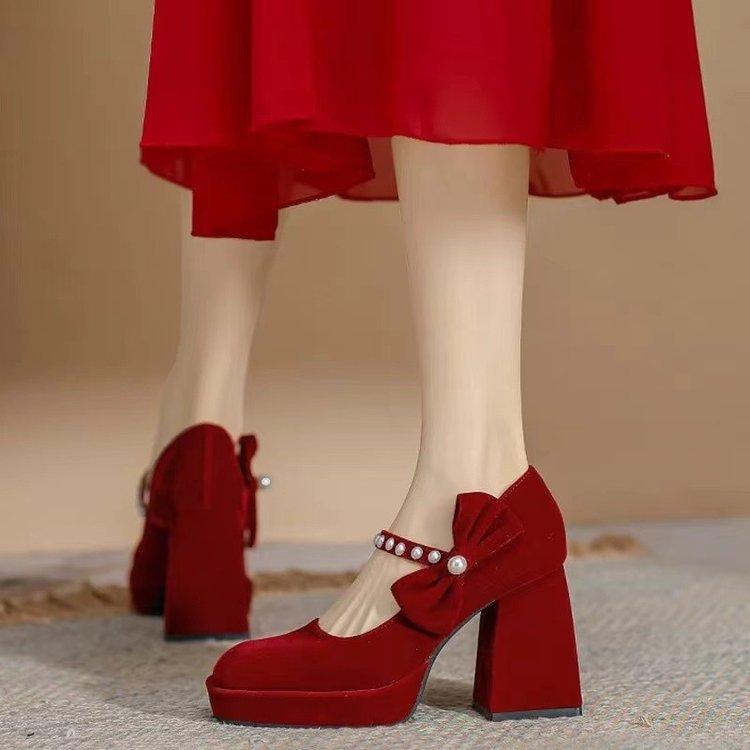 Fashion French Suede Pearl Bow High Heels for Women, Thick Heels for Spring /Autumn, New Red Square Toe Shallow Mouth Mary Jane Shoes