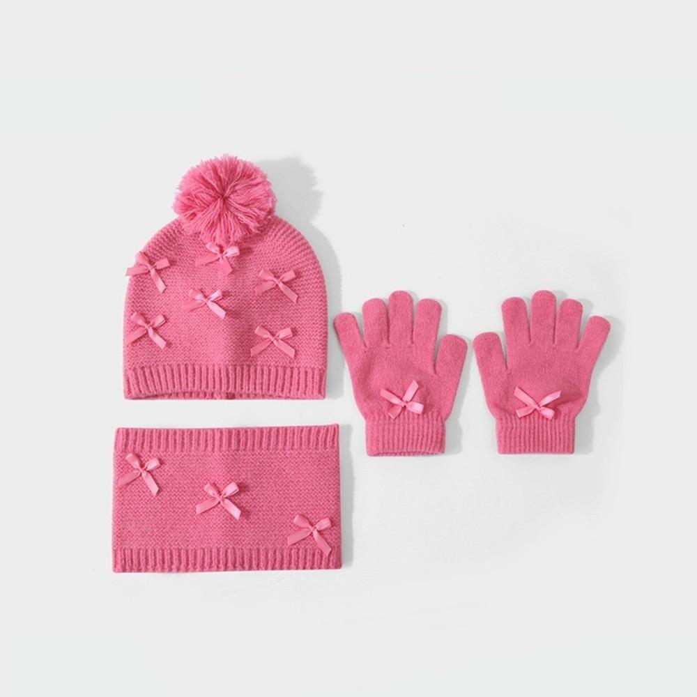 3pcs Keep Warm Knit Hat Scarf Gloves Set With Bow Neck Warmer Soft Kids 3-Piece Kit 1-6Y