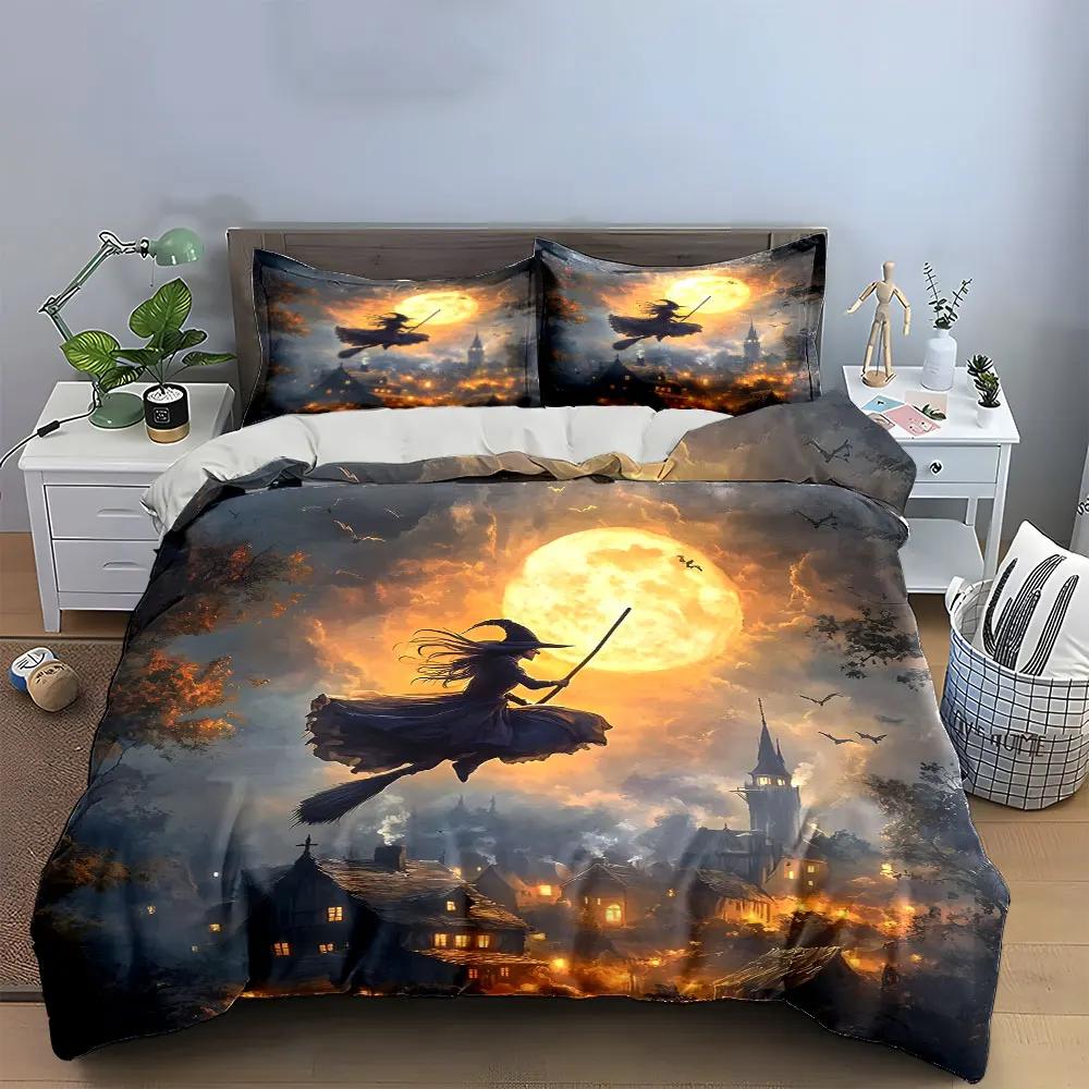 "Halloween Witch Moonlight Decor" Multiple sizes kid's and adults' bedroom Exquisite 3PC bedding set, gift