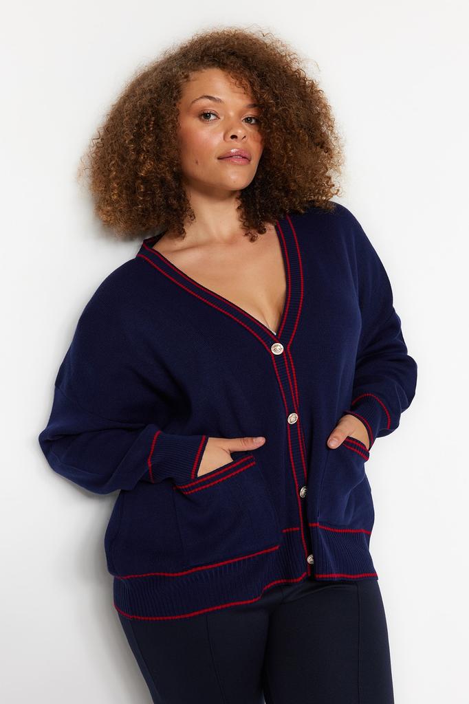 Women's Fashion New Plus Big Size Cardigan Navy Blue-Red Stripe Detailed Knitwear Cardigan