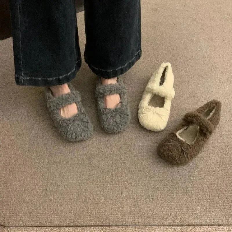 Модные Элегантные Осенне-Зимние Балетки Лоферы Женские Женские Балетки Лоферы Мех Круглый Носок Женские Дизайнерские Брендовые Мишки Уличная Обувь