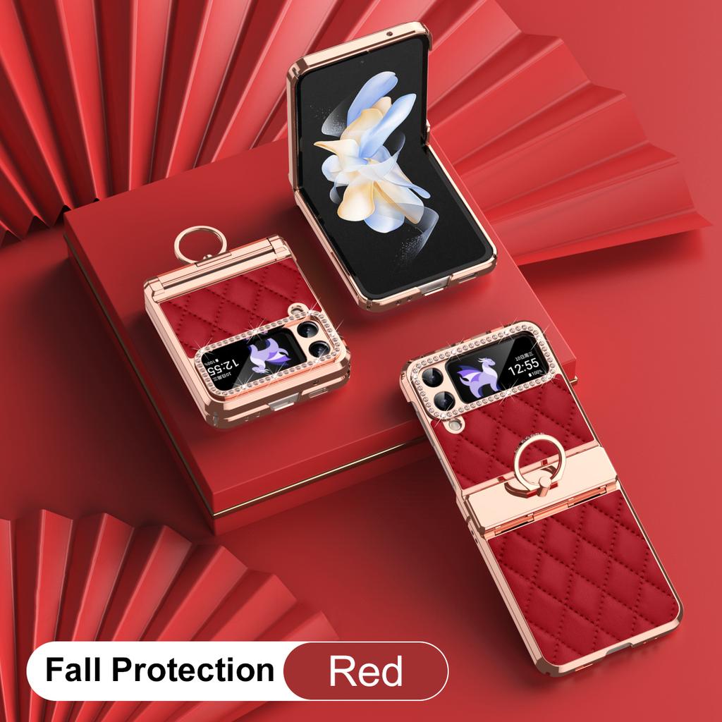 RENGZ Diamond Plating Leather Hinge Protection Case For Samsung Galaxy Z Flip 6 5 4 3 Folding Ring Holder Cover for Flip5 Flip4