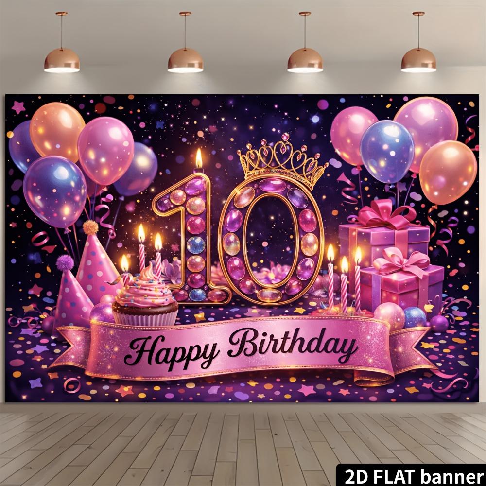 2D plane 10th birthday party banner background - Purple and pink dreamy birthday theme with birthday hat elements