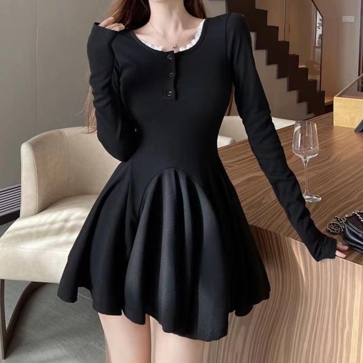 Grey Spice Girl Long Sleeve Dress Women's Autumn Waist A-Word Skirt