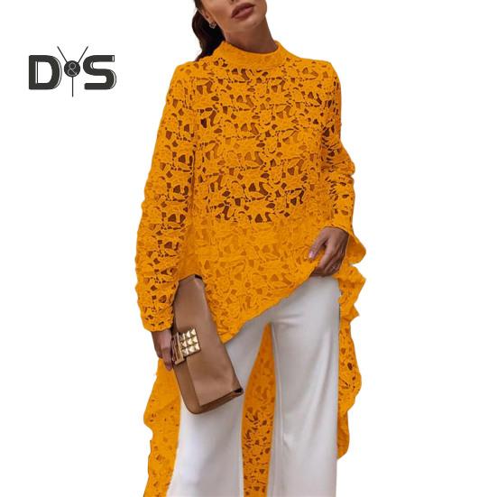 Женское длинное платье с вырезом сверху, нерегулярным вязанием крючком, кружевом, цветочным узором, прозрачной короткой передней частью и длинной задней частью, с полувысоким воротником и длинными рукавами