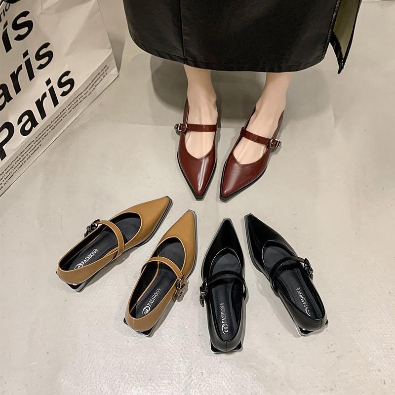 Fashion Fashion Versatile Coarse Heel Loafer Retro Pointed Mary Jane Leather Shoes Women British Black Korean Edition Zapatos De Mujer