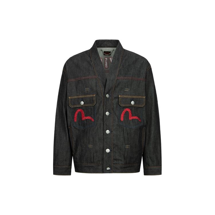 Evisu Seagull Logo Embroidered Loose Denim Jacket Men jackets Black 2EAHTM3DJ7001LFCS