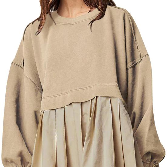 Женское платье Плиссированное платье-свитер с круглым вырезом в стиле пэчворк Свободное платье-свитер с длинными рукавами А-силуэт Большой свободный свитер Мини-платье осень-весна