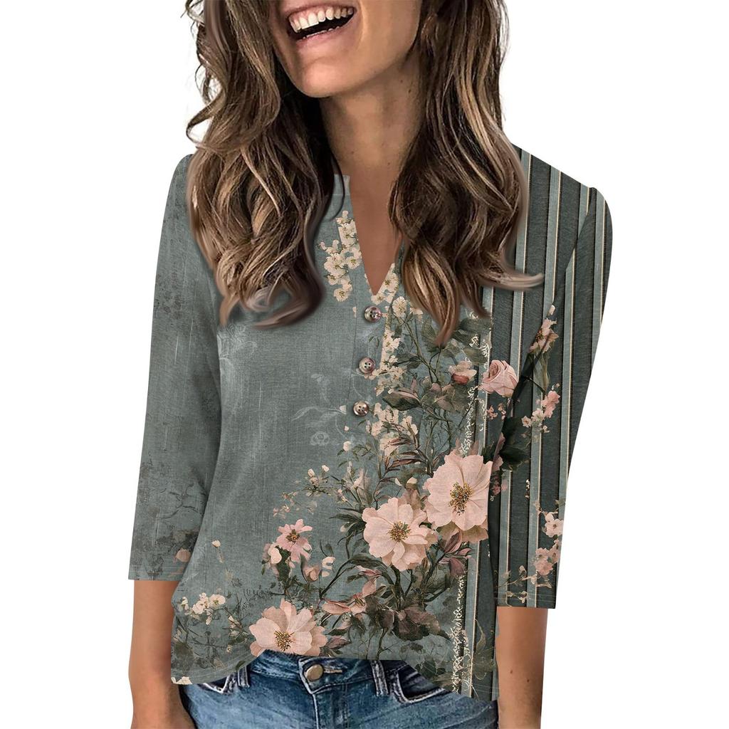 Женский модный повседневный пуловер с рукавом 3/4, принтом на пуговицах и V-образным вырезом