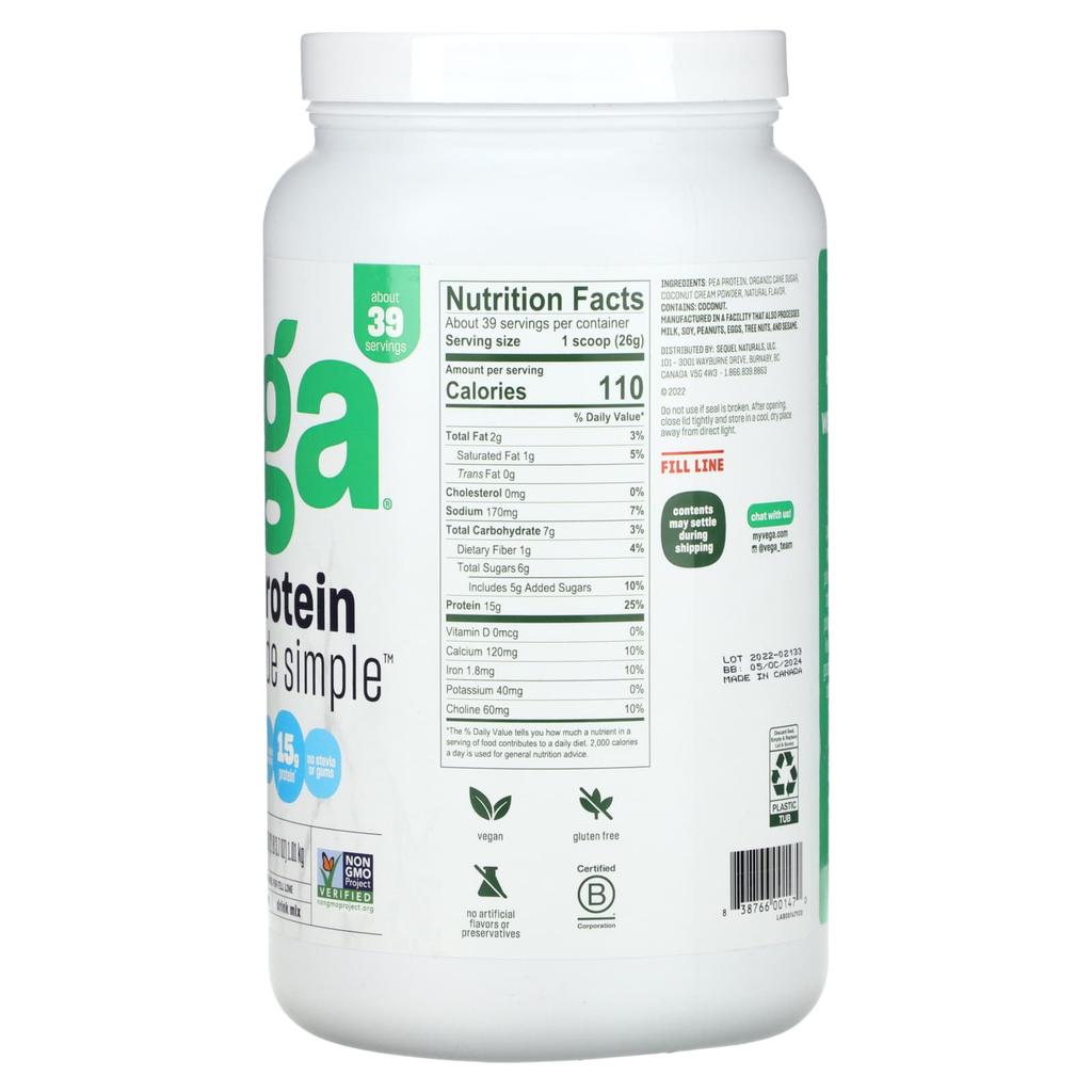 Vega Vegan, Protein Made Simple, Vanilla, 2 Lbs (3.7 Oz)