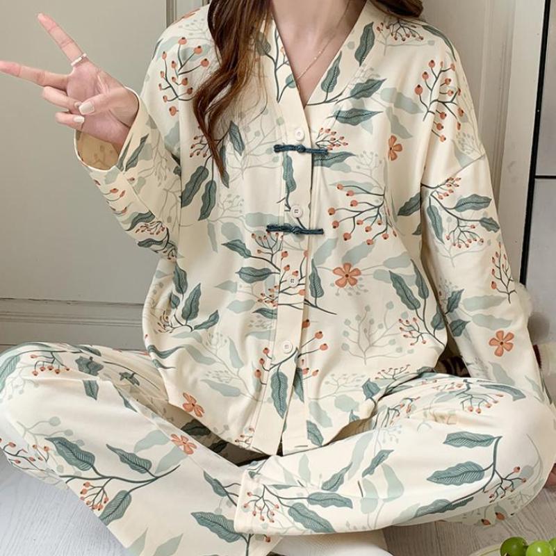 Осень-зима, новая женская домашняя одежда из чистого хлопка, кардиган с V-образным вырезом, комплект из двух предметов, роскошная женская пижама с длинным рукавом