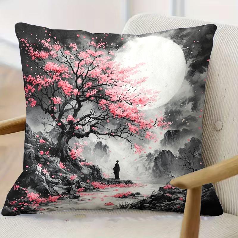 1pc /Chinese Zen Landscape Cushion Cover Suitable for Sofa Bed Decor - Cherry Blossom & Samurai Pillowcase with Zipper Closure, Machine Washable Cover