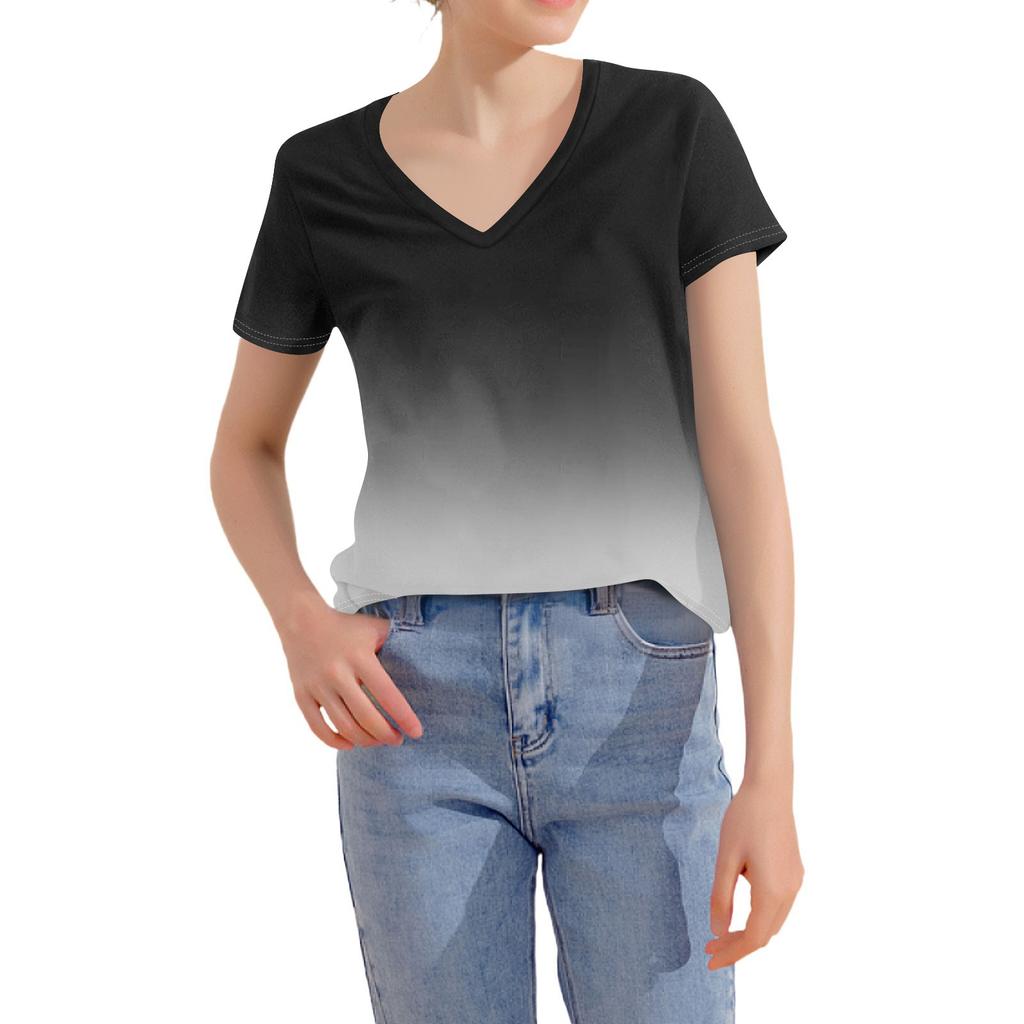 T Shirts For Women Pleated V Neck Dressy Casual Blouses Printing Short Sleeve Summer Tops Loose Fit