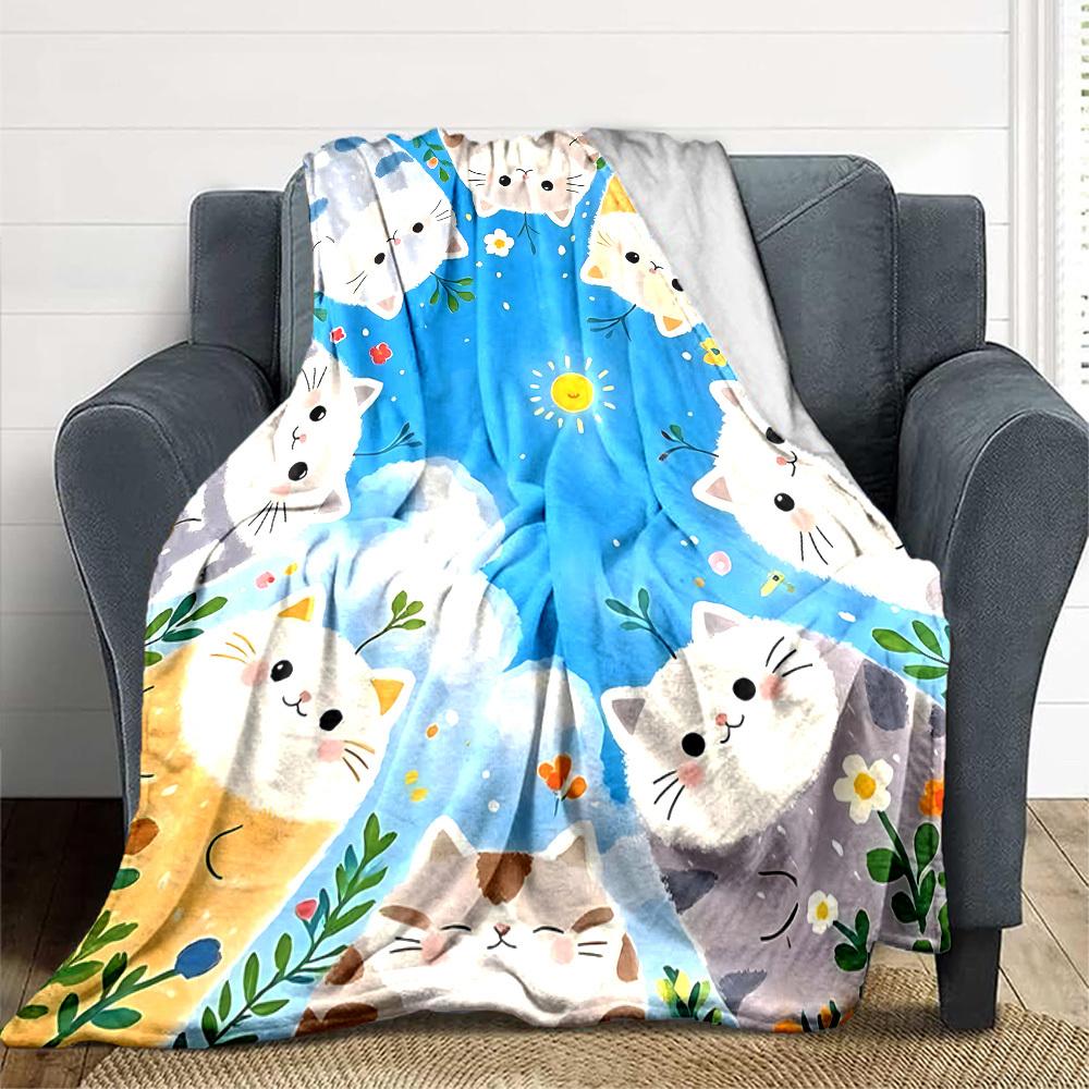 1pc Cats Flowers Lightweight Flannel Blanket, Comfortable and Warm Blanket, for Office and Camping Sofa Bed, Livingroom062