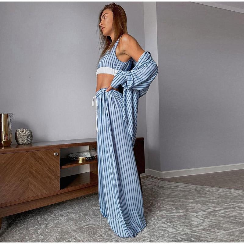 Повседневный комплект женской рубашки с полосатым лацканом, сексуальные брюки-трубы со шнуровкой и высокой талией, весенний модный элегантный женский костюм-майка в стиле пэчворк 2025 года