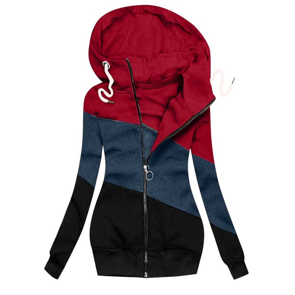 Women Winter Casual Stitching Color Jacket Zipper Sweatshirt Long Sleeve Coat