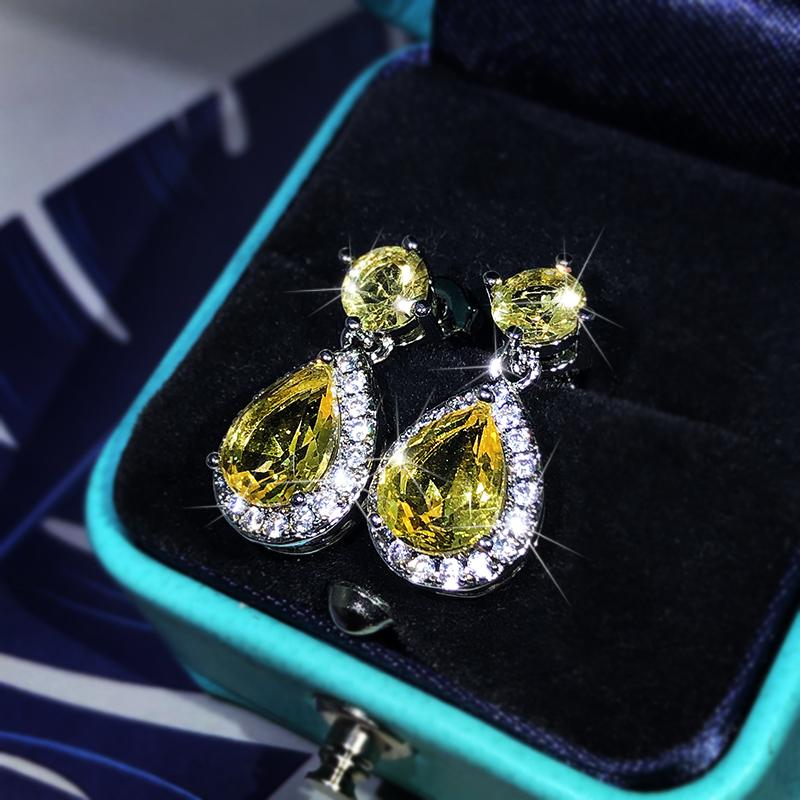 Элегантные серьги-капли с желтым цирконом, серебро 925 пробы, серьги-пусеты с бриллиантами на четырех крапанах, женские украшения для вечеринки, дня рождения