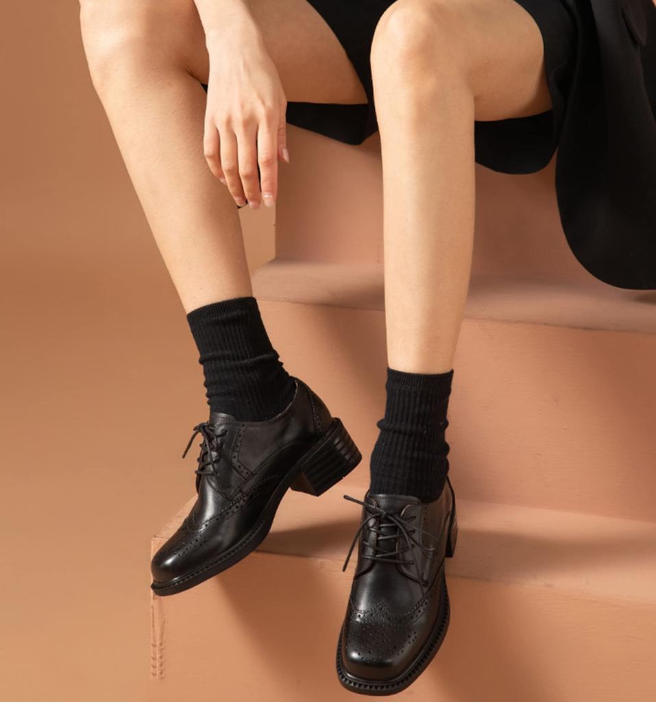 Квадратные толстые настоящие оксфорды [ZUYEE] женские туфли на шнуровке, носок, каблук, носок-крылышко, кожа, туфли, для поездок на работу, черные, 23,0 см
