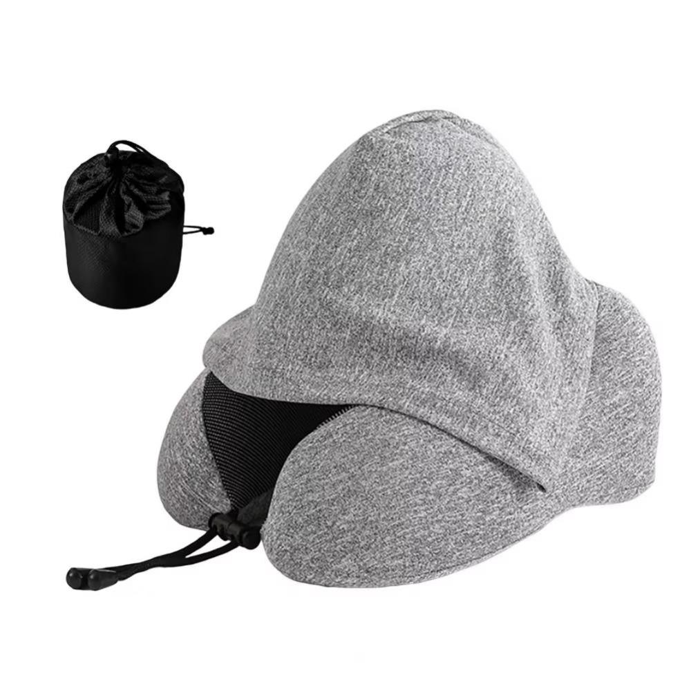 Removable Travel Neck Pillow Adjustable with Storage Bag Hooded Pillow Soft Support Washable Cover U-shaped Pillow with Cap