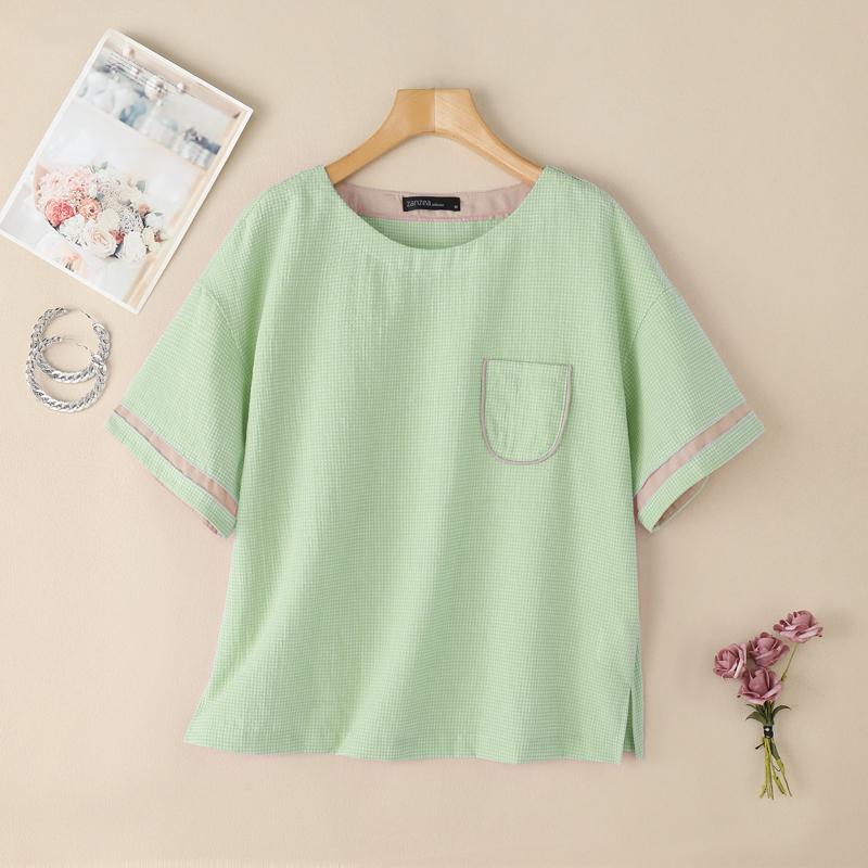 ZANZEA Women Summer Round Neck Casual Grid Print Short Sleeve Blouse