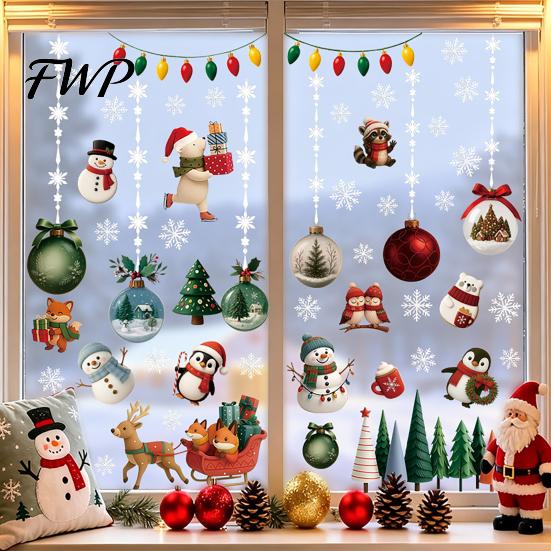 Waterproof Wall Decor for Entryway 2Pcs Christmas Static Window Cling Stickers, PVC Removable Snowman Penguin Modern Decals Home Bell Glass,