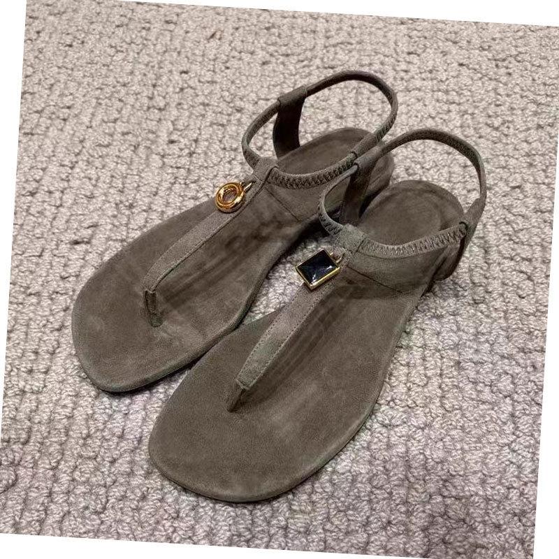 Sheepskin version~ Retro metal buckle toe flat sandals versatile simple word with Roman beach cool slippers women