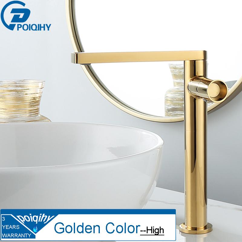 POIQIHY смеситель для раковины, золотой смеситель для раковины, однорычажный смеситель для раковины, кран для горячей и холодной воды, латунный кран для раковины