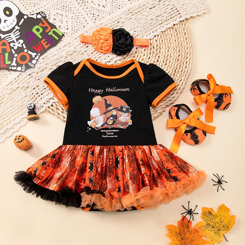 Оранжевые тыквы детские костюмы на Хэллоуин для девочек комплекты одежды для новорожденных кружевной комбинезон Petti детская обувь повязка на голову 3 шт. детская одежда