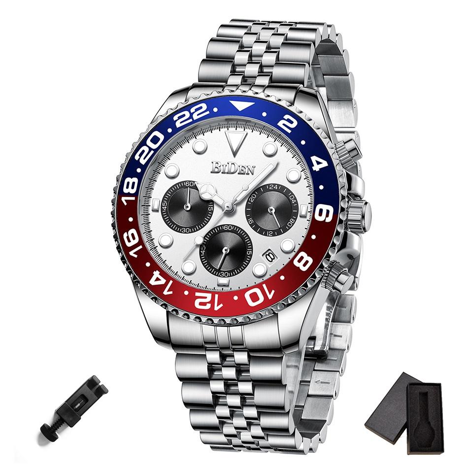 Luxury Top Brand Gold Watch Men Stainless Steel Butterfly Buckle Chronograph Watches Waterproof Male Business Dress BIDEN Clock