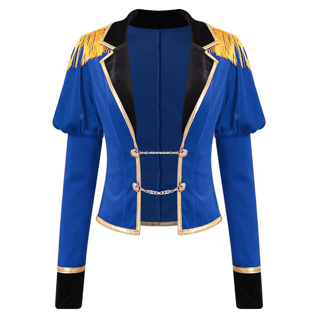 Women Circus Ringmaster Costume Puff Long Sleeve Lapel Collar Tassel Shoulder Jacket Chain Button Hat Gloves Magic Wand for Halloween Cosplay Party