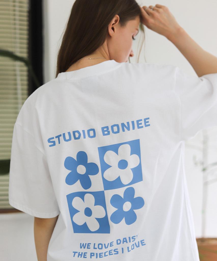 BONIEE Puzzle Daisy Flower Back Print Loose T-Shirt White