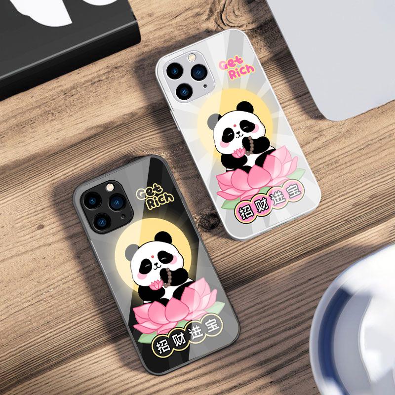 Чехол для телефона из закаленного стекла Сидящая панда лотос для iPhone 16 Pro Max 15 Pro 14 13 12 Mini 11 XS Max XR 7 8 Plus SE 2022