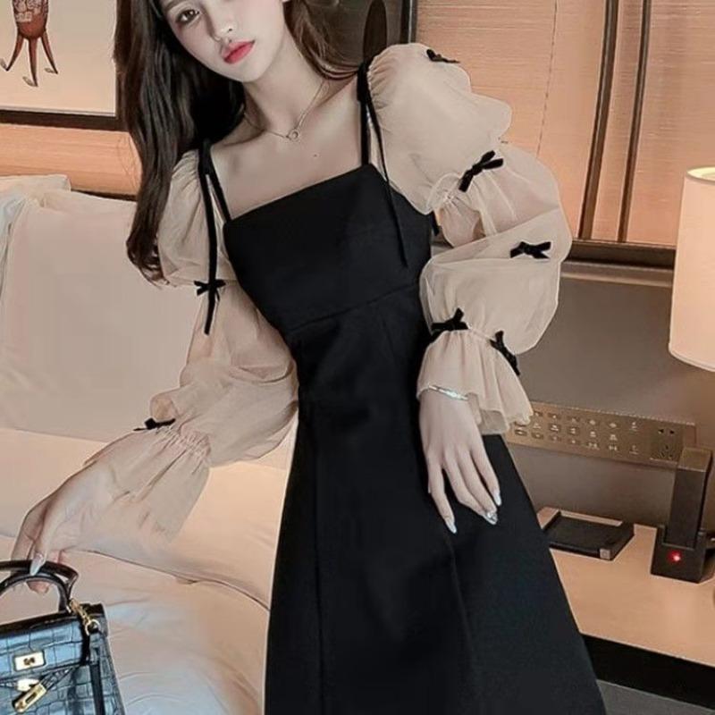 YYFS Women's Fashion Spring Fall Solid Color Print Long Sleeve Square Collar High Waist Casual Dresses