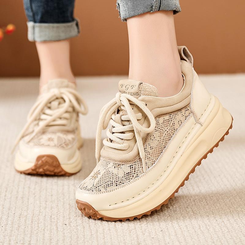 Fashion GKTINOO Sneakers Women Hollow Genuine Leather Retro Flats Thick Soled Lace-Up Summer Lady Handmade Flat Casual Shoes Women