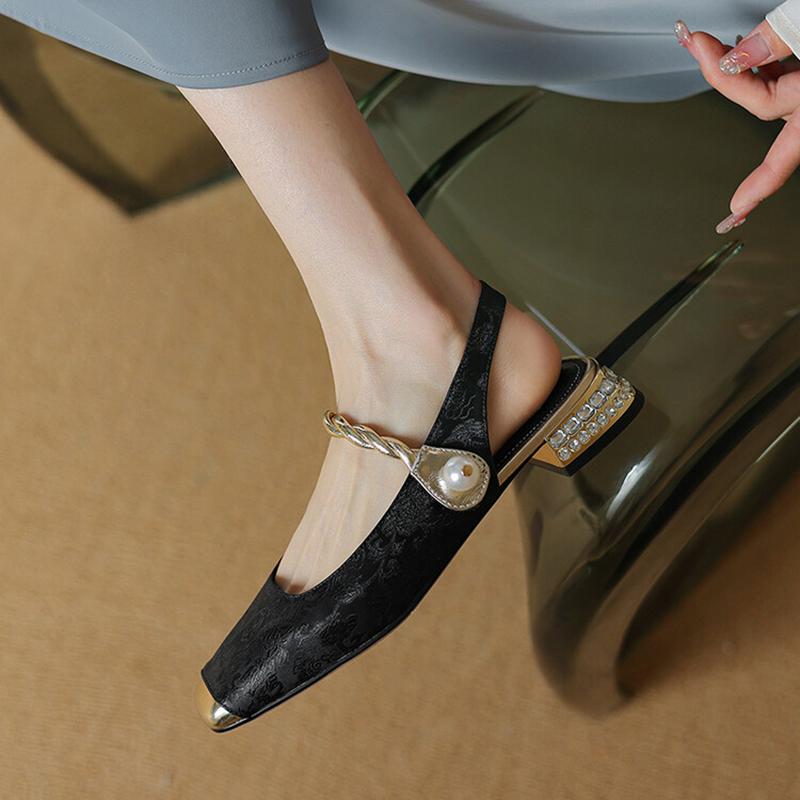 Модные женские босоножки с принтом на низком каблуке 2024 года, летние туфли с квадратным носком и жемчугом, туфли-лодочки с открытым носком и толстым каблуком, женские босоножки