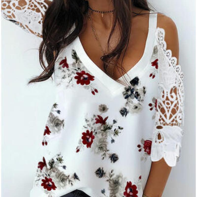 Summer Tops Print Lace Patchwork Off Shoulder Loose Women Blouses Fashion Elegant Short Sleeve Casual Shirts for Women Vintage Sexy Hollow Shirt 26632