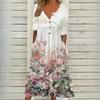 QICED Spring New Popular Printed O-neck Button Short-sleeved Dress Women's Pockets Long Dresses