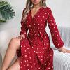 Autumn Winter Fashion Women Long Sleeve High Waist Dot Pleated A Line Long Dress