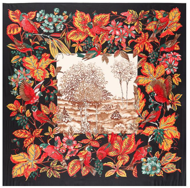 130cm*130cm High Quality Large Square Scarves Shawls Luxury Brand Bohemian Flowers and Birds Twill Silk Scarf For Women Headband