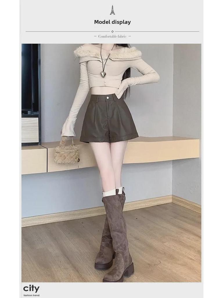 Женские шорты из искусственной кожи с высокой талией — облегающие, свободный крой, широкие штанины, повседневные, на весну, осень, зиму, в американском стиле.