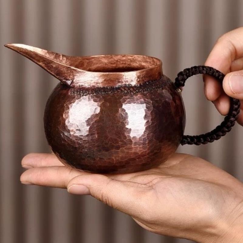 Vintage Pure Copper Coffee Cup,Hammer Texture Weave Pointed Mouth Handle 100 ml Milk Water Mug,Handcrafted Tea Tumbler Drinkware