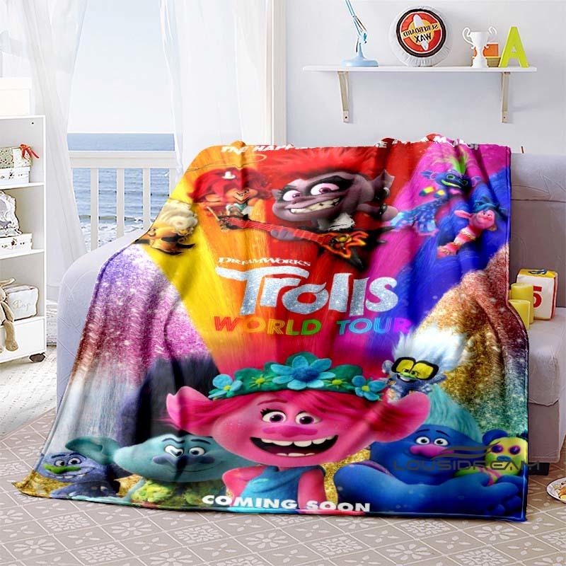 The Kawaii PoppyTrolls World Tour themed flannel blanket is perfect for kids, teens, and fans. It's a great bed blanket or sofa