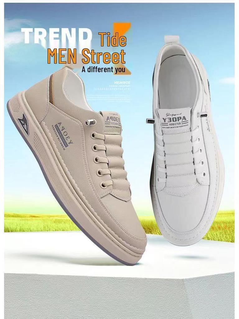Spring 2025 Men's Breathable White Sports Sneakers - Trendy, Thick-Soled, Casual All-Match Design