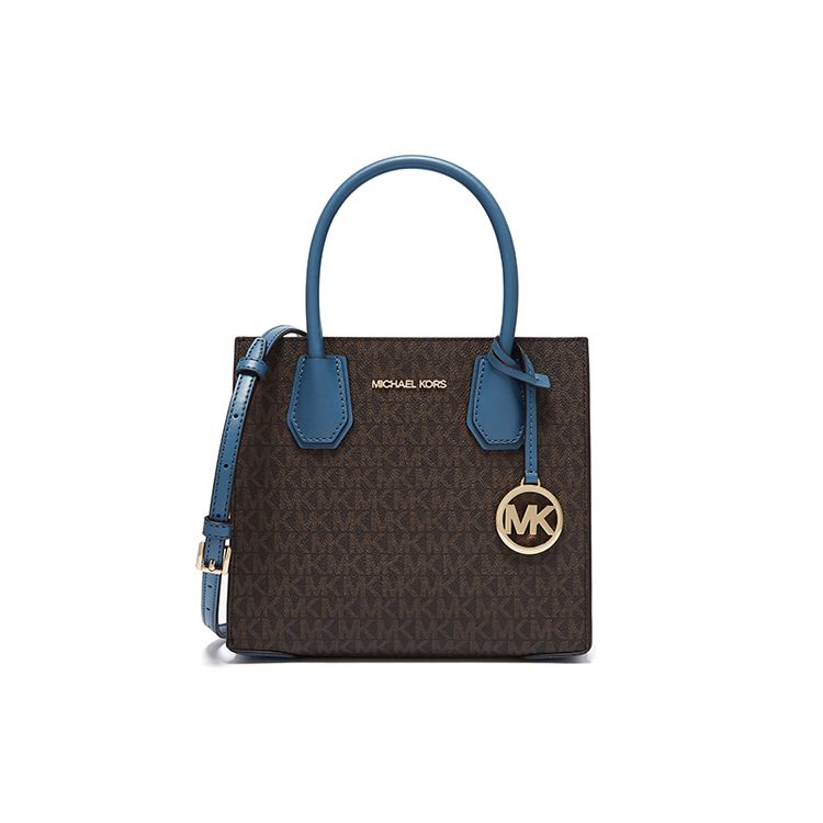 Michael Kors MK Mercer Classic Monogram Color Block Accordion Bag Women Handbags Dark-Brown Blue 35S1GM9M2B-538