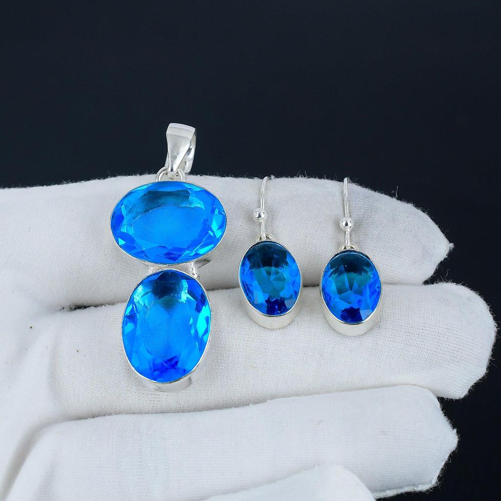 Комплект подвесок Siwss Blue Topaz, комплект серег и подвесок Siwss Blue Topaz Gemstone, ручная работа, серебро 925 пробы, для женщин, подарок на день рождения