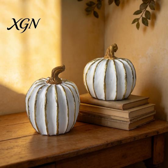 Thanksgiving Home Decor Fall Pumpkin Decor, White Gold Decorative Pumpkin, Resin Pumpkins Modern Ornament Figurine, Statues for Tabletop Centerpiece