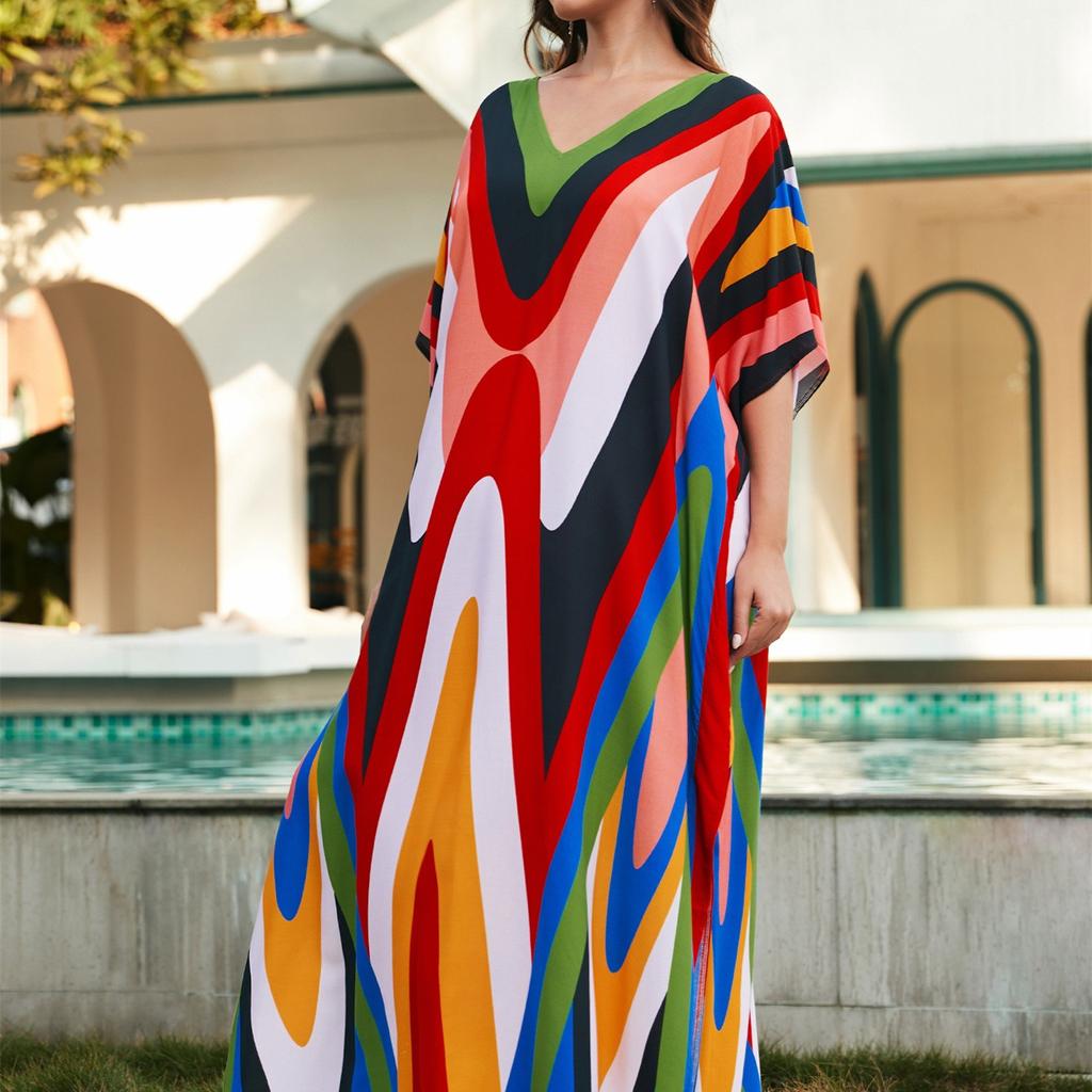 YYFS Женская мода, отпуск, лето, весна, геометрические узоры, принт, рукава 1/2, v-образный вырез, повседневные платья