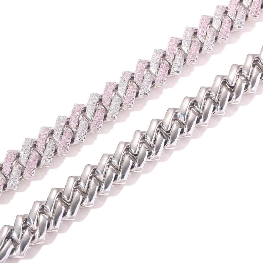 Personalized Hip Hop Rhodium Plated Jewelry 14mm Iced Out Silver and Pink CZ Rhombus Prong Cuban Link Chain Bracelet