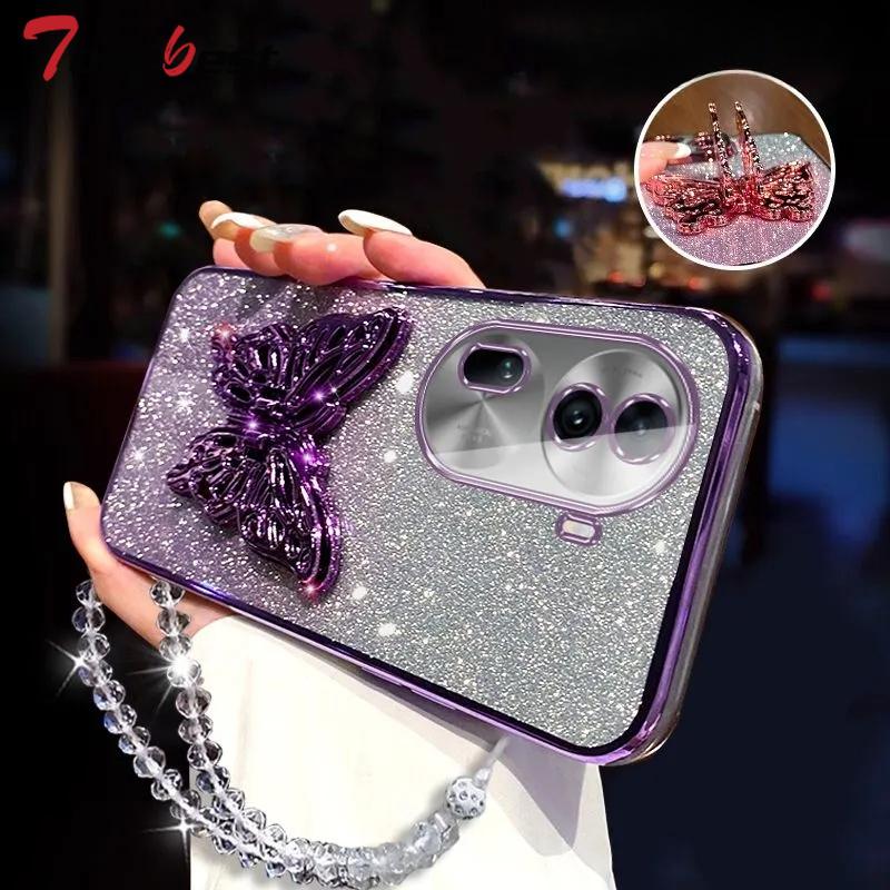 3D Butterfly Phone Holder Crystal Bracelet Glitter Plating Case for OPPO Reno 11 10 8 7 Pro 4G 5G Cover